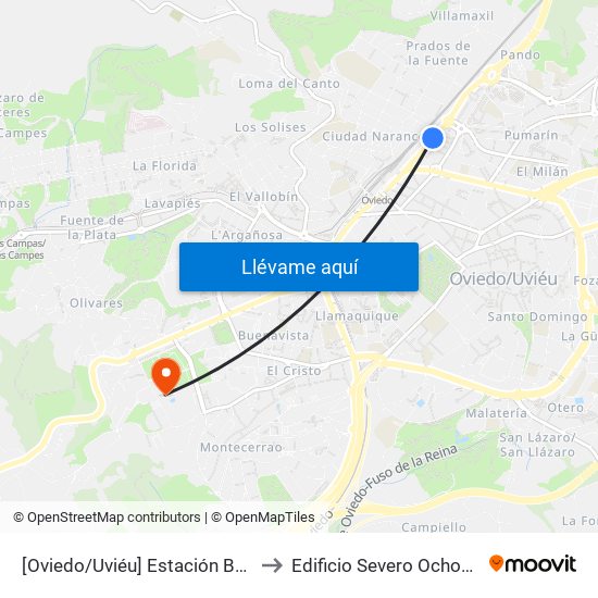 [Oviedo/Uviéu]  Estación Bus Oviedo - Pepe Cosmen [Cta 01549] to Edificio Severo Ochoa - Servicios Cientifico-Tecnicos map