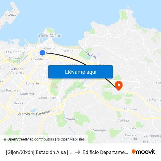 [Gijón/Xixón]  Estación Alsa [Cta 00784] to Edificio Departamental Este map