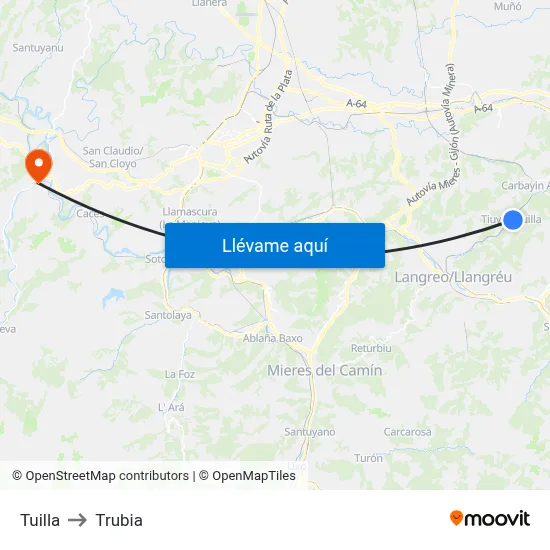 Tuilla to Trubia map