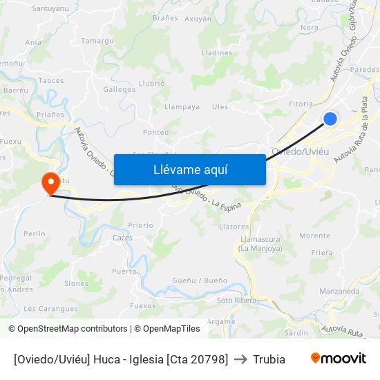 [Oviedo/Uviéu]  Huca - Iglesia [Cta 20798] to Trubia map