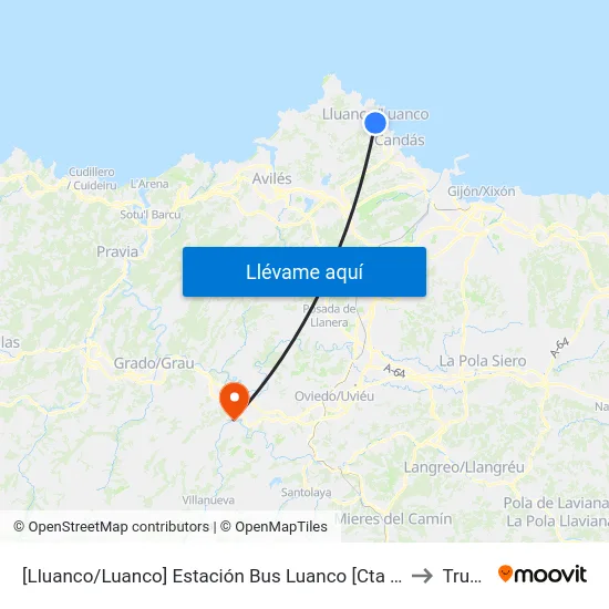 [Lluanco/Luanco]  Estación Bus Luanco [Cta 00299] to Trubia map