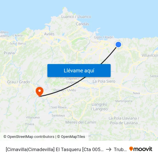 [Cimavilla|Cimadevilla]  El Tasqueru [Cta 00555] to Trubia map