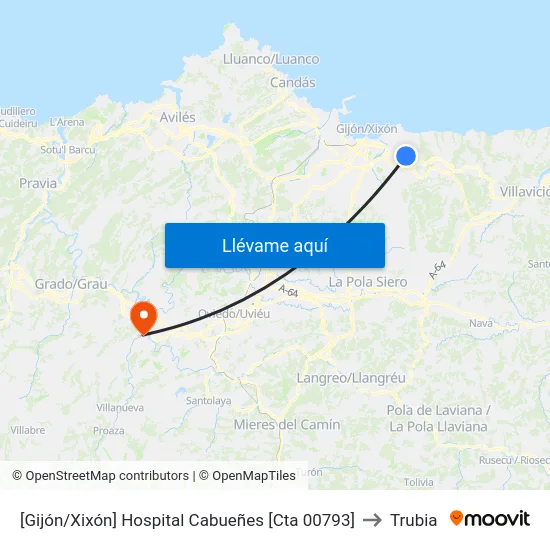 [Gijón/Xixón]  Hospital Cabueñes [Cta 00793] to Trubia map