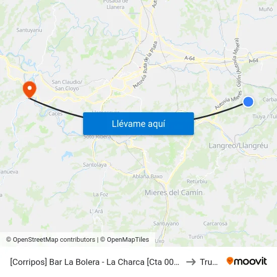 [Corripos]  Bar La Bolera - La Charca [Cta 00874] to Trubia map