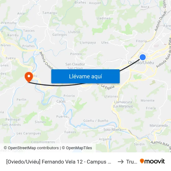 [Oviedo/Uviéu]  Fernando Vela 12 - Campus Milán [Cta 05085] to Trubia map