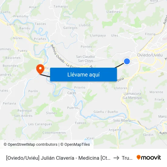 [Oviedo/Uviéu]  Julián Clavería - Medicina [Cta 07475] to Trubia map