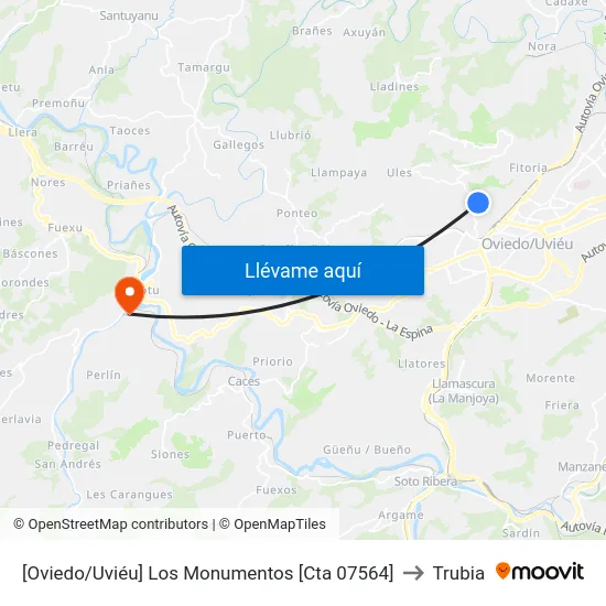 [Oviedo/Uviéu]  Los Monumentos [Cta 07564] to Trubia map