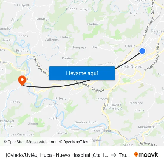 [Oviedo/Uviéu]  Huca - Nuevo Hospital [Cta 16751] to Trubia map