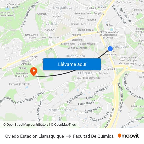 Oviedo Estación Llamaquique to Facultad De Química map