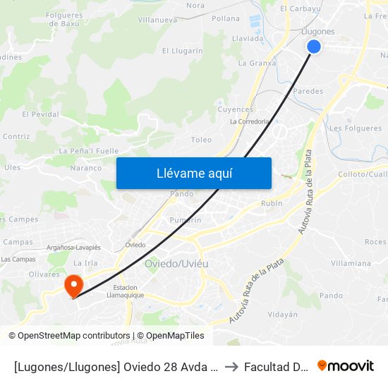 [Lugones/Llugones]  Oviedo 28 Avda - Cruce Viejo [Cta 02075] to Facultad De Química map