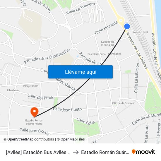 [Avilés]  Estación Bus Avilés [Cta 00161] to Estadio Román Suárez Puerta map