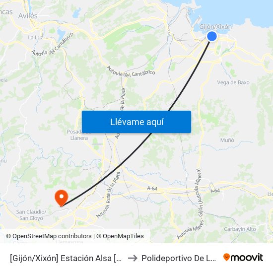 [Gijón/Xixón]  Estación Alsa [Cta 00784] to Polideportivo De La Florida map