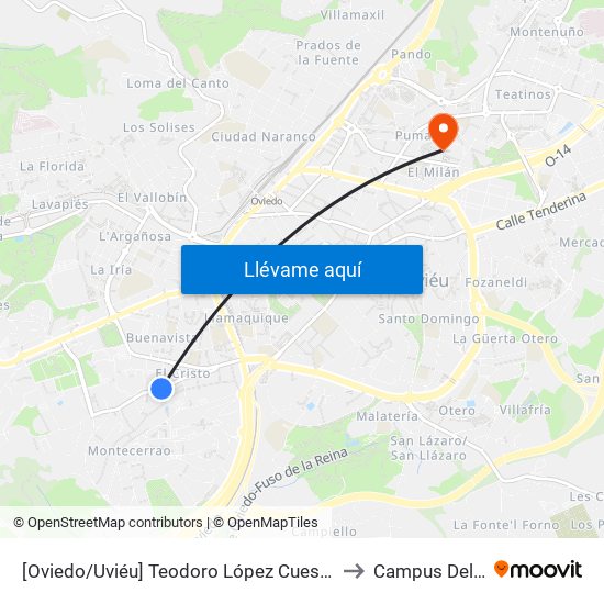 [Oviedo/Uviéu]  Teodoro López Cuesta [Cta 21395] to Campus Del Milán map