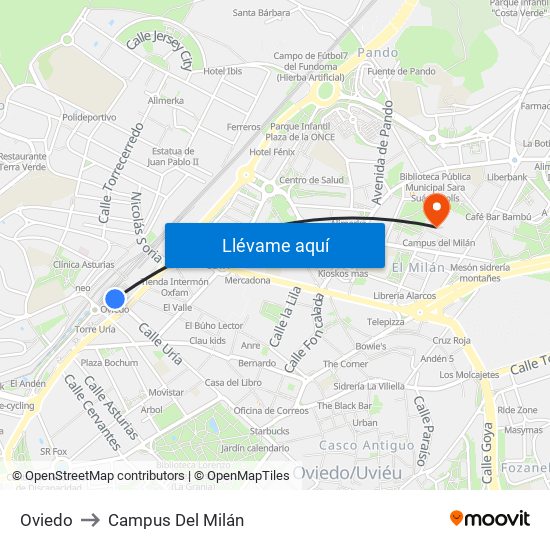 Oviedo to Campus Del Milán map