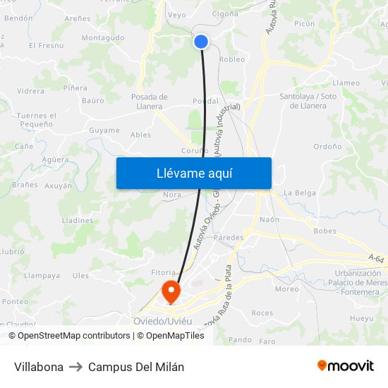 Villabona to Campus Del Milán map