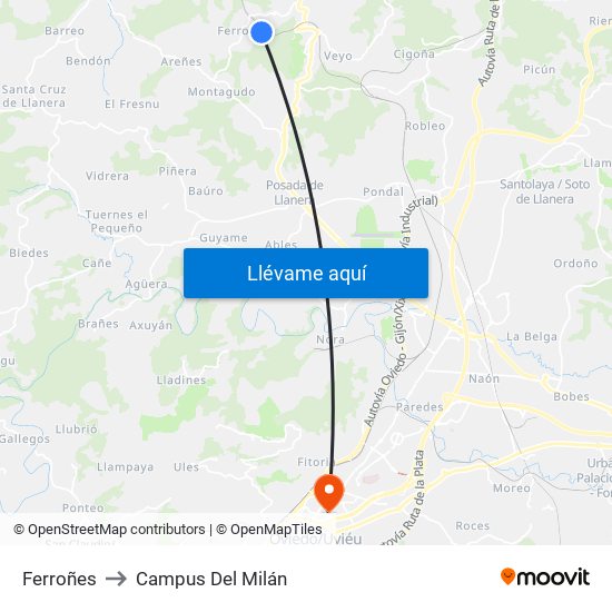 Ferroñes to Campus Del Milán map