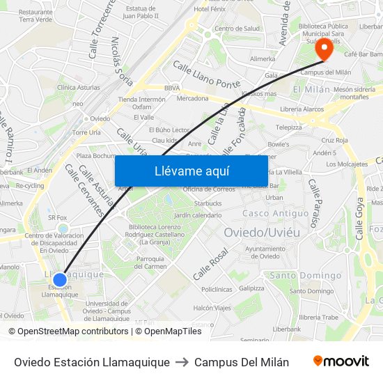 Oviedo Estación Llamaquique to Campus Del Milán map