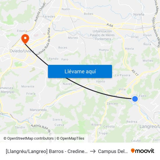 [Llangréu/Langreo]  Barros - Credine [Cta 20918] to Campus Del Milán map