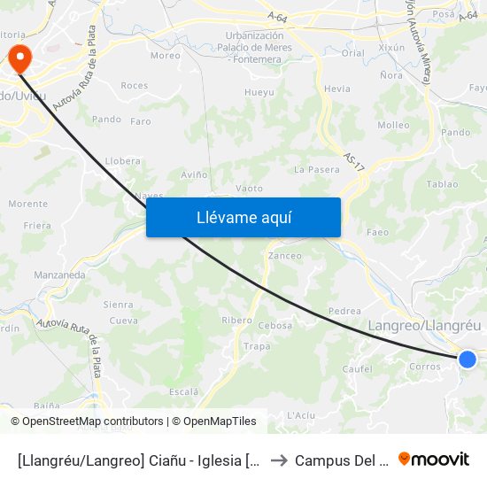 [Llangréu/Langreo]  Ciañu - Iglesia [Cta 00377] to Campus Del Milán map