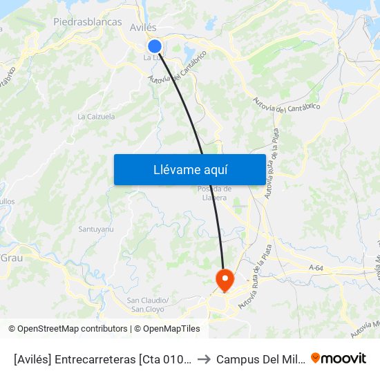 [Avilés]  Entrecarreteras [Cta 01091] to Campus Del Milán map