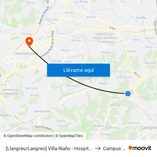 [Llangréu/Langreo]  Villa-Riaño - Hospital Valle Del Nalón [Cta 01296] to Campus Del Milán map