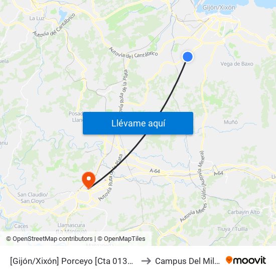 [Gijón/Xixón]  Porceyo [Cta 01322] to Campus Del Milán map