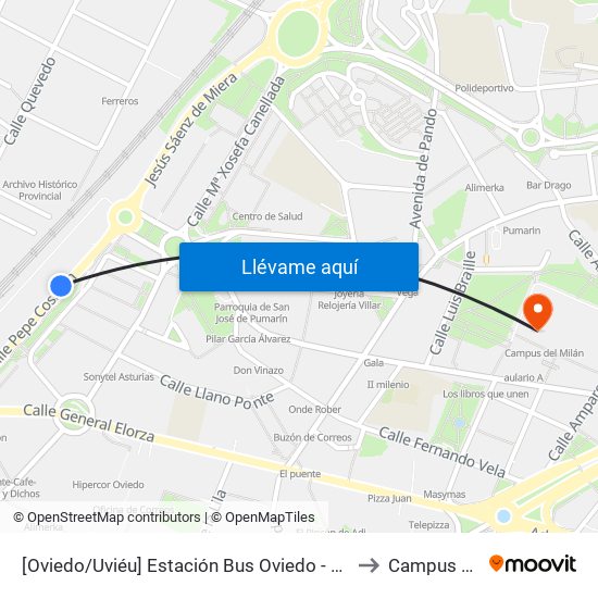 [Oviedo/Uviéu]  Estación Bus Oviedo - Pepe Cosmen [Cta 01549] to Campus Del Milán map