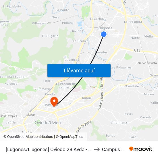 [Lugones/Llugones]  Oviedo 28 Avda - Cruce Viejo [Cta 02075] to Campus Del Milán map