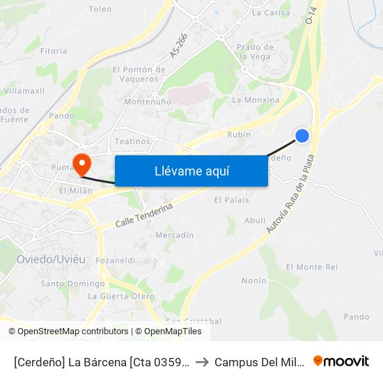 [Cerdeño]  La Bárcena [Cta 03599] to Campus Del Milán map