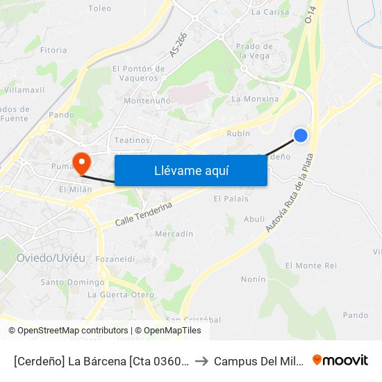 [Cerdeño]  La Bárcena [Cta 03600] to Campus Del Milán map