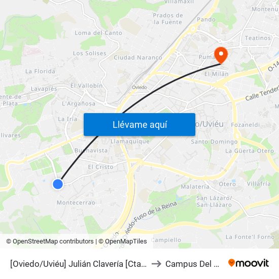 [Oviedo/Uviéu]  Julián Clavería [Cta 03631] to Campus Del Milán map
