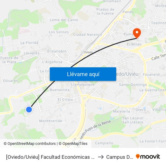 [Oviedo/Uviéu]  Facultad Económicas - El Cristo [Cta 03632] to Campus Del Milán map