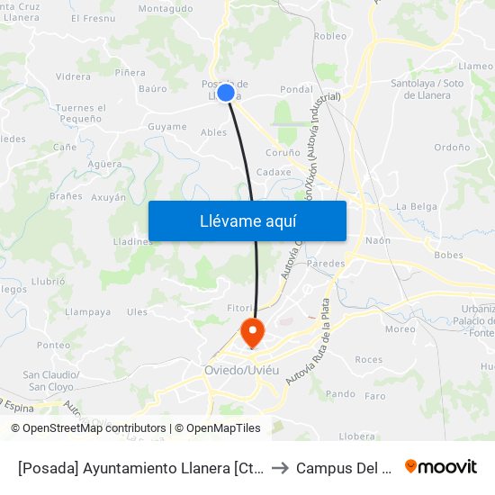 [Posada]  Ayuntamiento Llanera [Cta 04136] to Campus Del Milán map