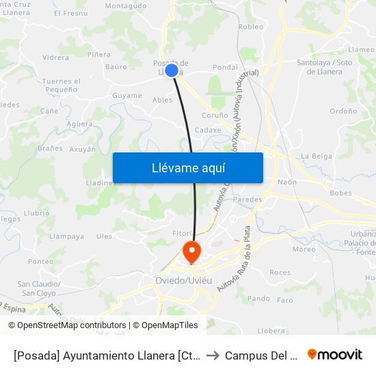 [Posada]  Ayuntamiento Llanera [Cta 04141] to Campus Del Milán map