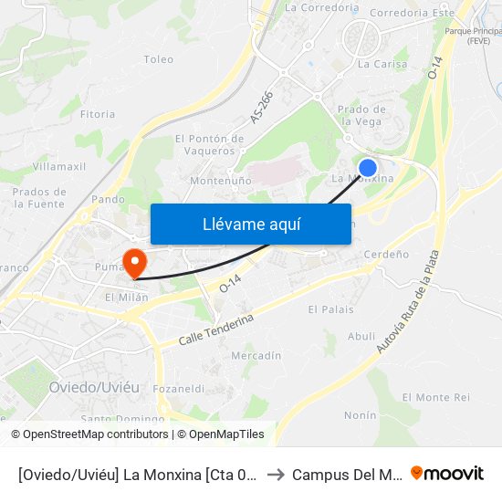 [Oviedo/Uviéu]  La Monxina [Cta 07586] to Campus Del Milán map