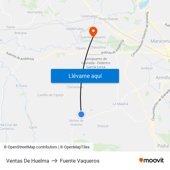 Ventas De Huelma to Fuente Vaqueros map