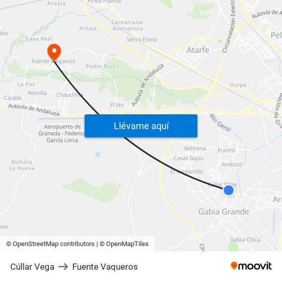 Cúllar Vega to Fuente Vaqueros map