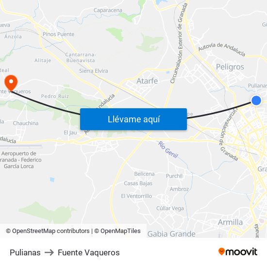 Pulianas to Fuente Vaqueros map