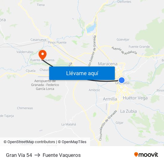 Gran Vía 54 to Fuente Vaqueros map