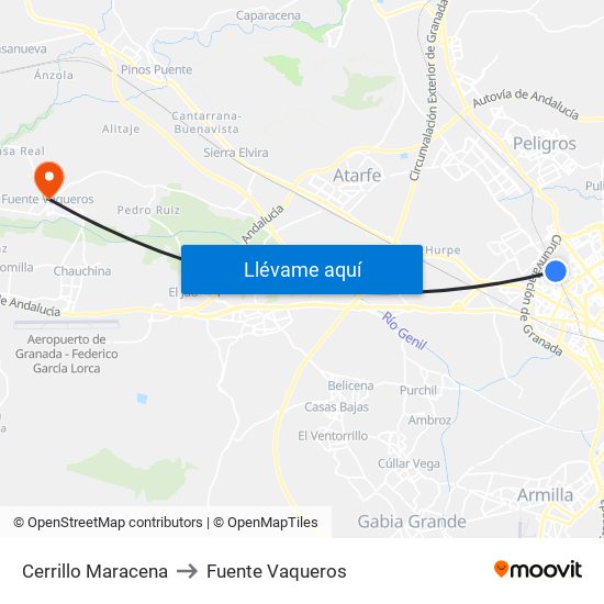 Cerrillo Maracena to Fuente Vaqueros map