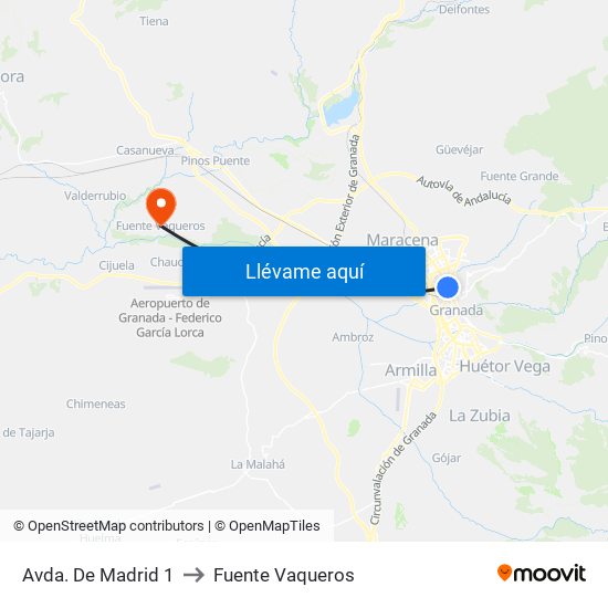 Avda. De Madrid 1 to Fuente Vaqueros map