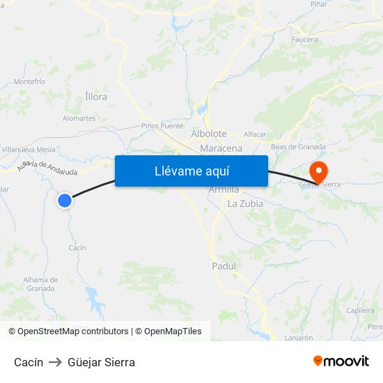 Cacín to Güejar Sierra map