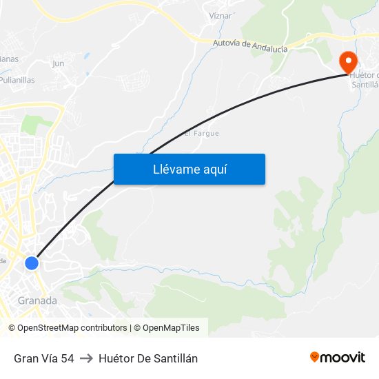 Gran Vía 54 to Huétor De Santillán map