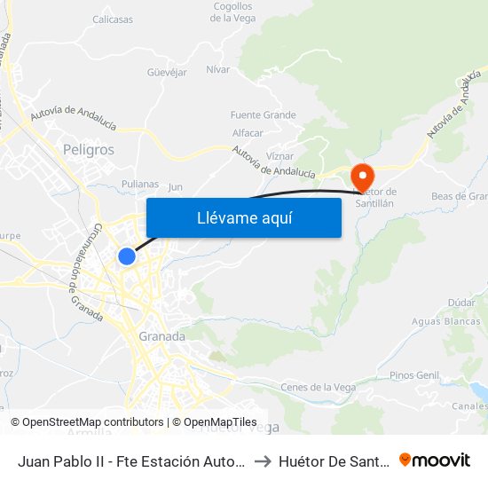 Juan Pablo II - Fte Estación Autobuses to Huétor De Santillán map