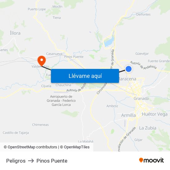 Peligros to Pinos Puente map