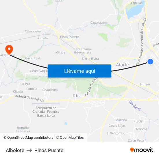 Albolote to Pinos Puente map