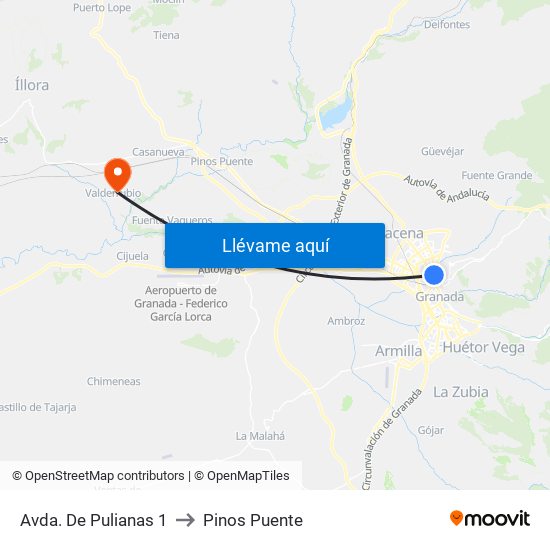 Avda. De Pulianas 1 to Pinos Puente map