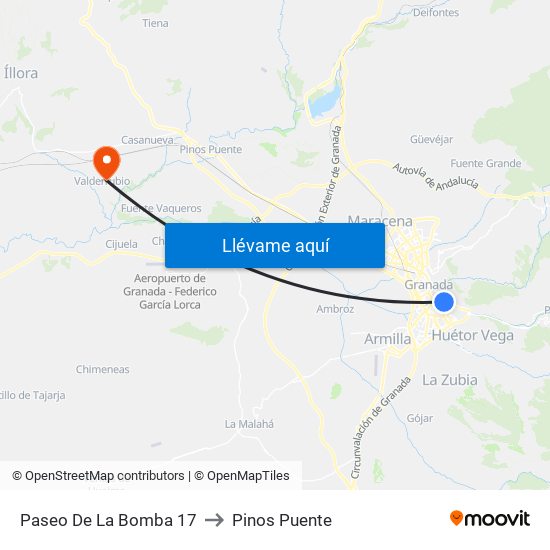 Paseo De La Bomba 17 to Pinos Puente map