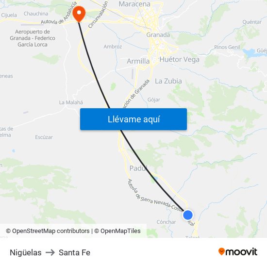 Nigüelas to Santa Fe map