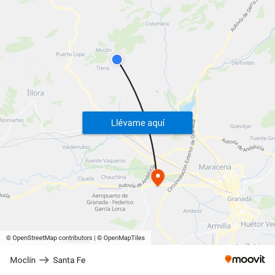 Moclín to Santa Fe map